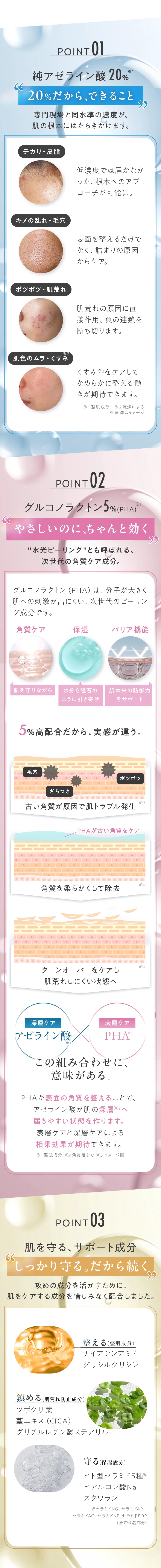 POINT01 純アゼライン酸20%／POINT02 グルコノラクトン5%（PHA）／POINT03 肌を守るサポート成分